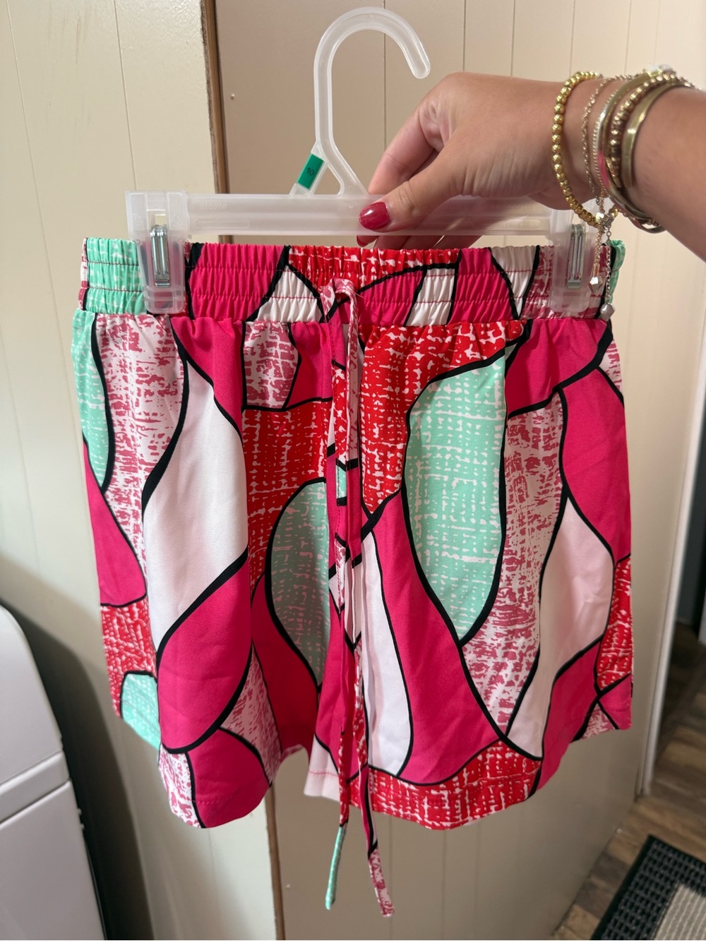 Shein Women's Tropical Print Drawstring Shorts - Pink Mint